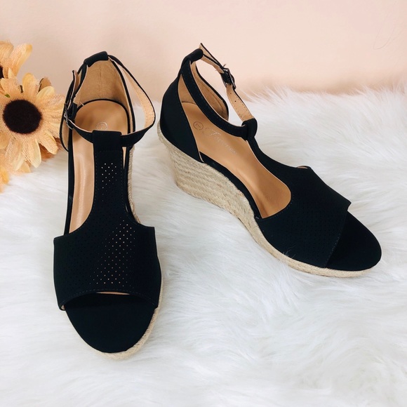 5⭐️BLACK ESPADRILLE WEDGE HEELS SANDALS- Shoe - Picture 2 of 7